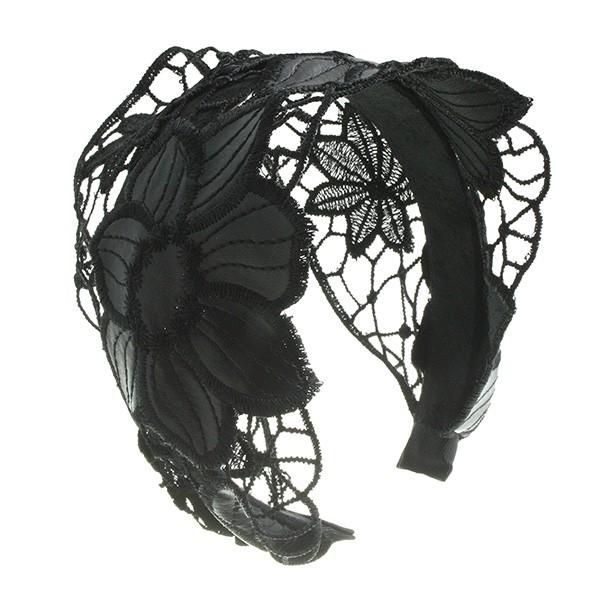 ヴァンテーヌ カチューシャ レース フェイクレザー フラワー ブラック