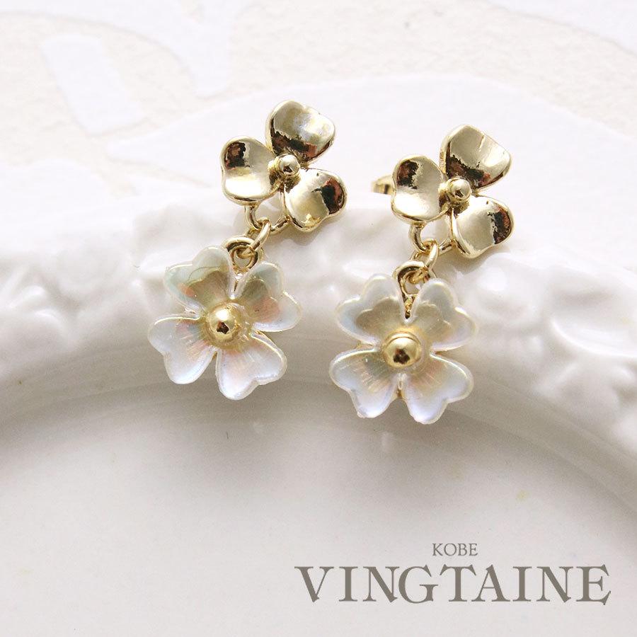 ◇ネコポス送料無料◇ゴールド×ホワイトフラワーピアス・イヤリング