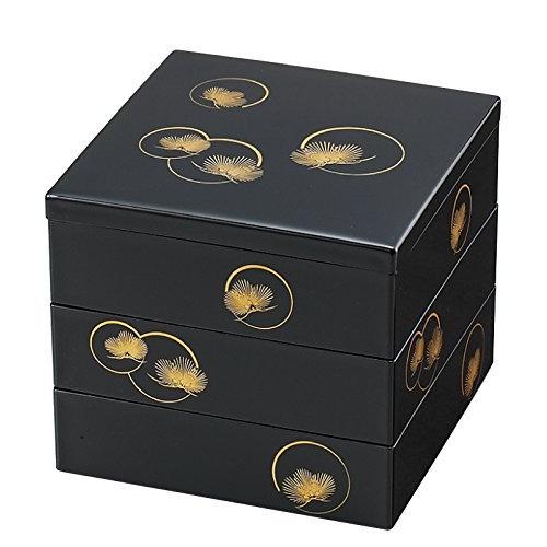 まえじゅう漆器 重箱 三段 光輪松 黒 金 伝統工芸 山中塗り 21cm 角型 4 5人用 日本製7r 603 優先配送