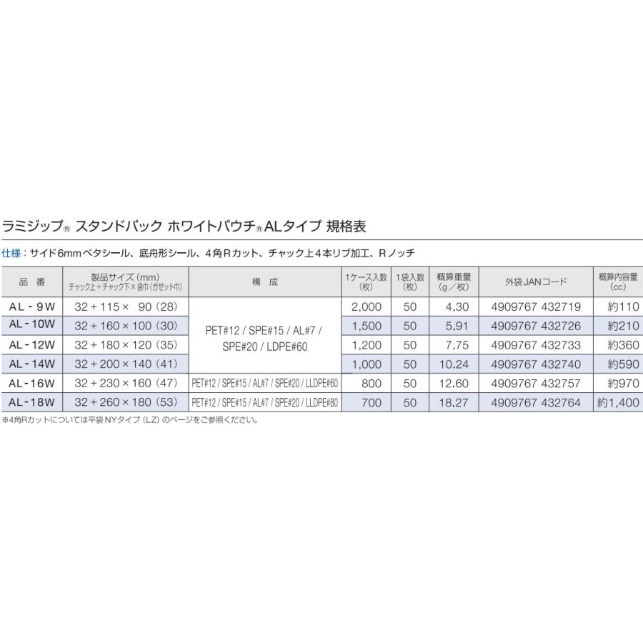 ランキングや新製品 アルミスタンドチャック袋　ラミジップ　ホワイトパウチ　AL-16W　ケース800枚