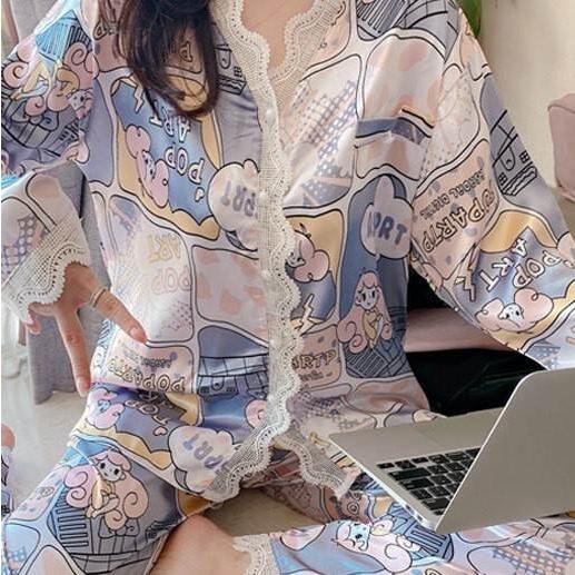 パジャマ 長袖 レース プリント柄 美肌 ロングスリーブ レース かわいい リラックス 涼しい 快眠 薄い ツーピース 夏  韓国 女性 ルームウェア |  | 10