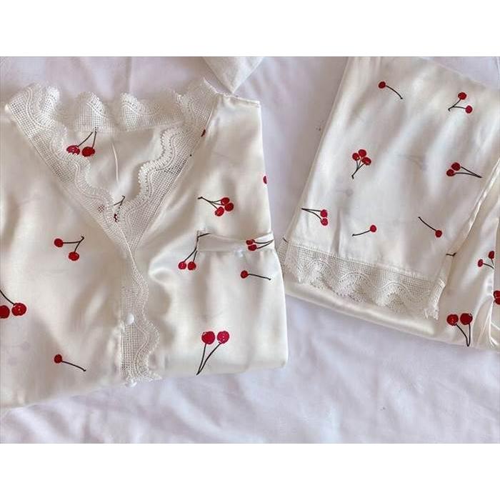 パジャマ 長袖 レース プリント柄 美肌 ロングスリーブ レース かわいい リラックス 涼しい 快眠 薄い ツーピース 夏  韓国 女性 ルームウェア |  | 11