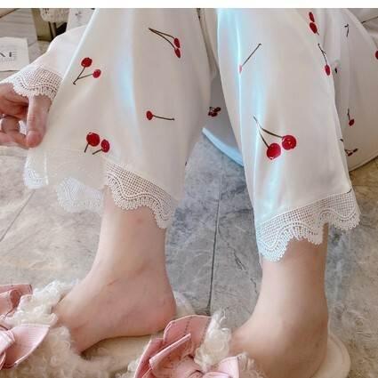 パジャマ 長袖 レース プリント柄 美肌 ロングスリーブ レース かわいい リラックス 涼しい 快眠 薄い ツーピース 夏  韓国 女性 ルームウェア |  | 12