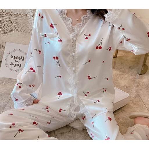 パジャマ 長袖 レース プリント柄 美肌 ロングスリーブ レース かわいい リラックス 涼しい 快眠 薄い ツーピース 夏  韓国 女性 ルームウェア |  | 01