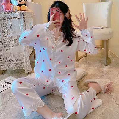 パジャマ 長袖 レース プリント柄 美肌 ロングスリーブ レース かわいい リラックス 涼しい 快眠 薄い ツーピース 夏  韓国 女性 ルームウェア |  | 04