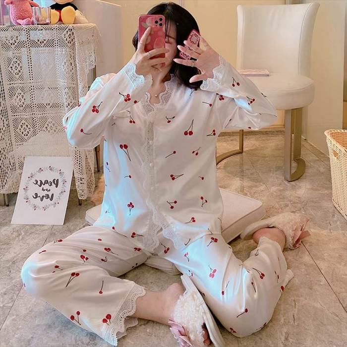 パジャマ 長袖 レース プリント柄 美肌 ロングスリーブ レース かわいい リラックス 涼しい 快眠 薄い ツーピース 夏  韓国 女性 ルームウェア |  | 06