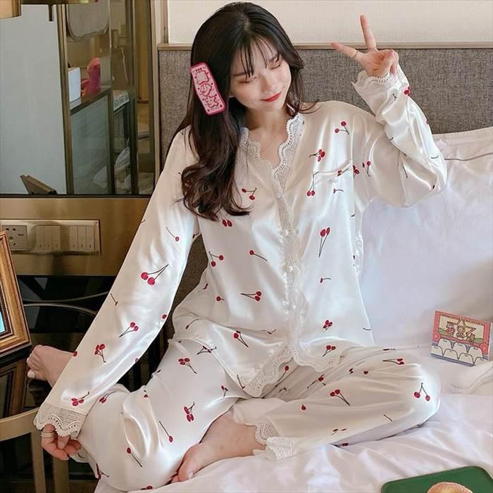 パジャマ 長袖 レース プリント柄 美肌 ロングスリーブ レース かわいい リラックス 涼しい 快眠 薄い ツーピース 夏  韓国 女性 ルームウェア |  | 07