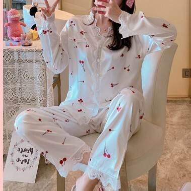 パジャマ 長袖 レース プリント柄 美肌 ロングスリーブ レース かわいい リラックス 涼しい 快眠 薄い ツーピース 夏  韓国 女性 ルームウェア |  | 08