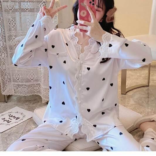 パジャマ 長袖 レース プリント柄 美肌 ロングスリーブ レース かわいい リラックス 涼しい 快眠 薄い ツーピース 夏  韓国 女性 ルームウェア |  | 09