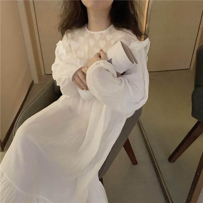 レディース ネグリジェ パジャマ ナイトウェア ワンピドレス ロング ロング丈 袖あり 長袖 ラウンドネック 襟なし Aライン レース フリル 綿 かわいい |  | 03