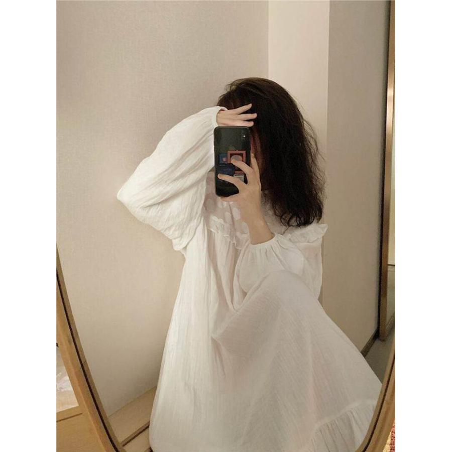 レディース ネグリジェ パジャマ ナイトウェア ワンピドレス ロング ロング丈 袖あり 長袖 ラウンドネック 襟なし Aライン レース フリル 綿 かわいい |  | 08