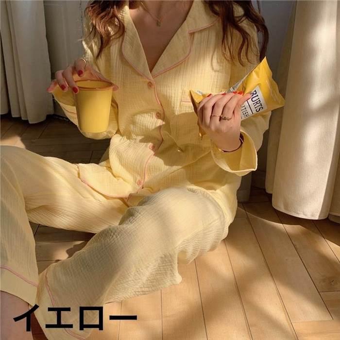 ルームウェア レディース パジャマ 部屋着 寝巻き ロング ロング丈 袖あり 長袖 Vネック 襟付き スリム ストレート Iライン 前開き かわいい |  | 02