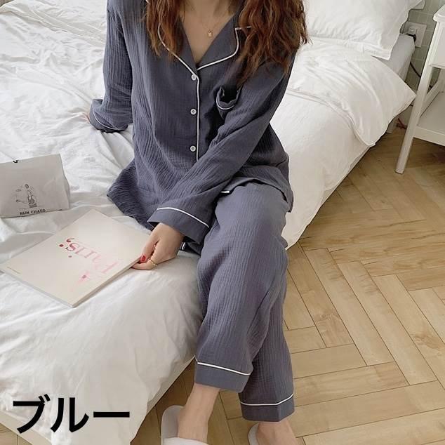 ルームウェア レディース パジャマ 部屋着 寝巻き ロング ロング丈 袖あり 長袖 Vネック 襟付き スリム ストレート Iライン 前開き かわいい |  | 03