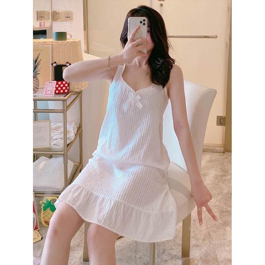 ナイトウエア 袖フリル ホワイト ワンピース レディース ノースリーブ フレンチ 裾フリル Aライン ラッフル袖 Vネック 深めVネック 白パジャマ |  | 03