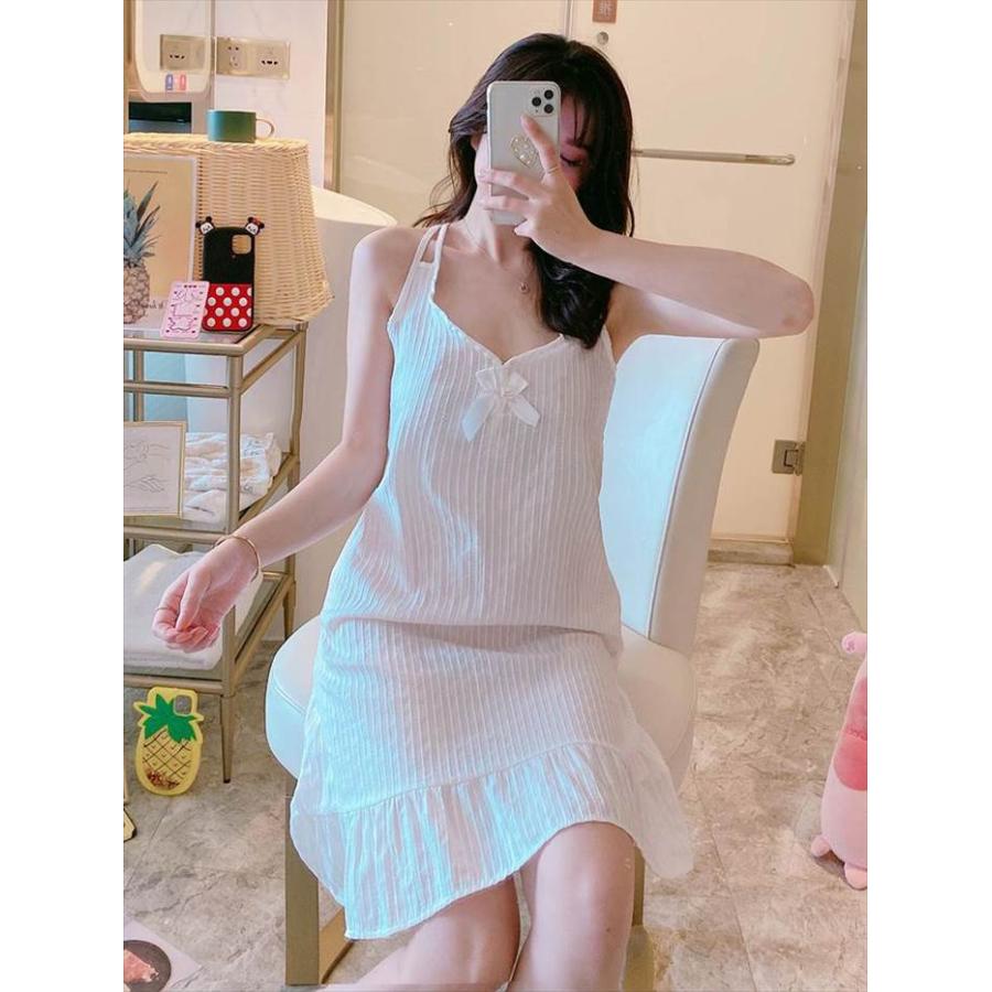 ナイトウエア 袖フリル ホワイト ワンピース レディース ノースリーブ フレンチ 裾フリル Aライン ラッフル袖 Vネック 深めVネック 白パジャマ |  | 06