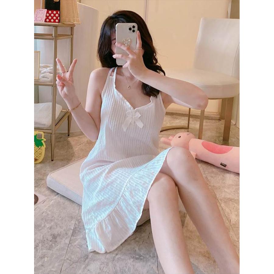 ナイトウエア 袖フリル ホワイト ワンピース レディース ノースリーブ フレンチ 裾フリル Aライン ラッフル袖 Vネック 深めVネック 白パジャマ |  | 07