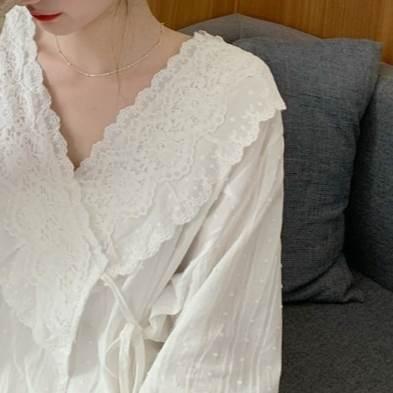 パジャマ レディース 白 トップス長袖 長ズボン 上下セット 可愛い フリル キャンディースリーブ フロントリボン プルオーバー |  | 11