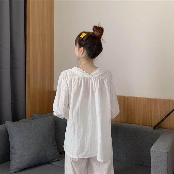 パジャマ レディース 白 トップス長袖 長ズボン 上下セット 可愛い フリル キャンディースリーブ フロントリボン プルオーバー |  | 04