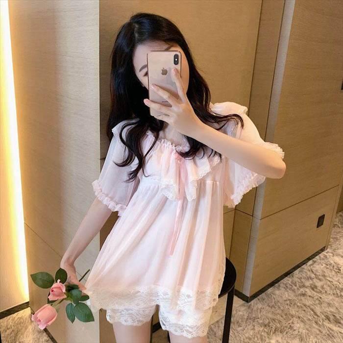 レディース ルームウェア上下セット パジャマ 部屋着 寝巻き ナイトウェア ショート丈 袖あり 半袖 ラウンドネック レース シフォン リボン 透け感 綿 |  | 12