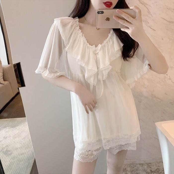 レディース ルームウェア上下セット パジャマ 部屋着 寝巻き ナイトウェア ショート丈 袖あり 半袖 ラウンドネック レース シフォン リボン 透け感 綿 |  | 02