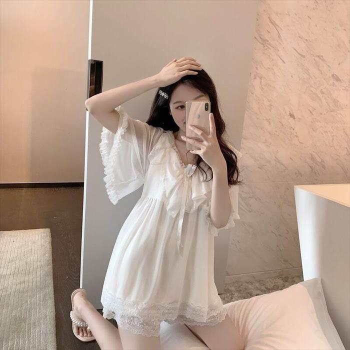 レディース ルームウェア上下セット パジャマ 部屋着 寝巻き ナイトウェア ショート丈 袖あり 半袖 ラウンドネック レース シフォン リボン 透け感 綿 |  | 03