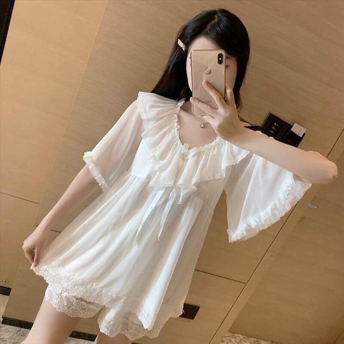 レディース ルームウェア上下セット パジャマ 部屋着 寝巻き ナイトウェア ショート丈 袖あり 半袖 ラウンドネック レース シフォン リボン 透け感 綿 |  | 04