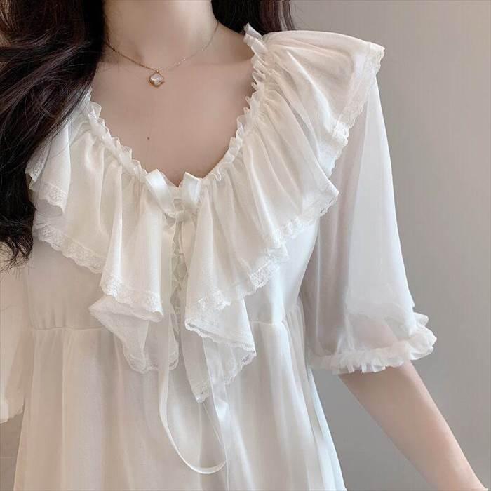 レディース ルームウェア上下セット パジャマ 部屋着 寝巻き ナイトウェア ショート丈 袖あり 半袖 ラウンドネック レース シフォン リボン 透け感 綿 |  | 06