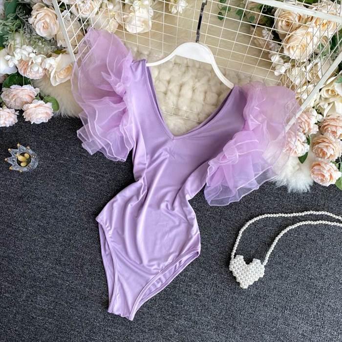 ワンピース レディース レオタード ダンスウエア 袖あり 襟なし Vネック スリム タイト 細身 ストレート レース チュール ティアード フリル 異素材MIX |  | 11