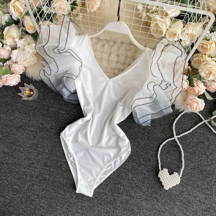 ワンピース レディース レオタード ダンスウエア 袖あり 襟なし Vネック スリム タイト 細身 ストレート レース チュール ティアード フリル 異素材MIX |  | 13