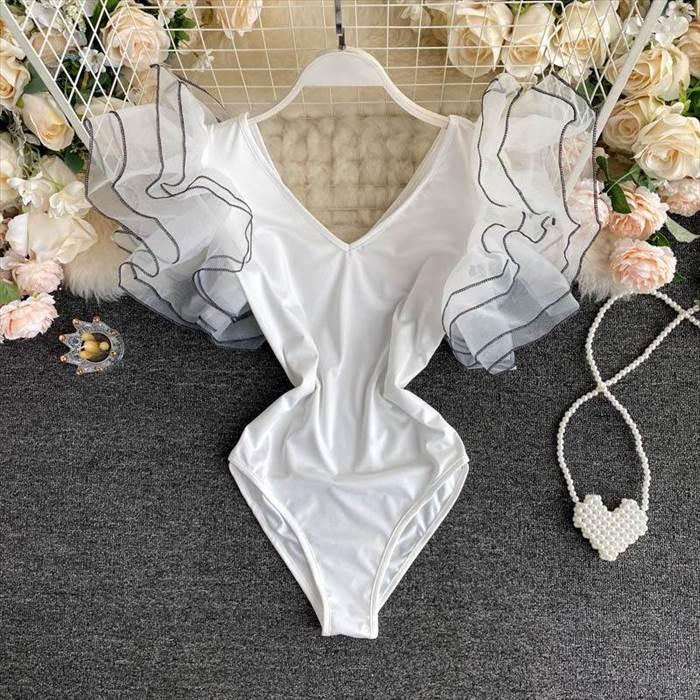 ワンピース レディース レオタード ダンスウエア 袖あり 襟なし Vネック スリム タイト 細身 ストレート レース チュール ティアード フリル 異素材MIX |  | 04