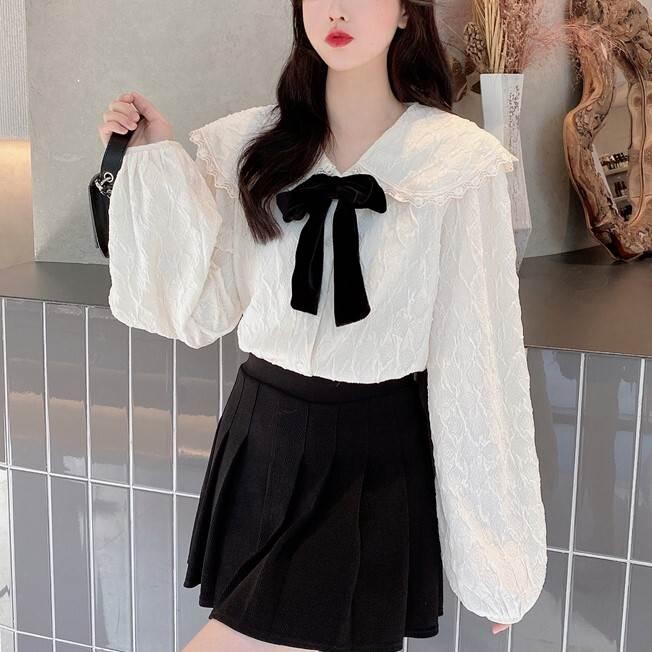 レディース ブラウス シャツ トップス トップ 長袖 ロングスリーブ パフスリーブ ホワイト リボン リボンネクタイ フリル レース 人形デザイン 襟付き おとな | 