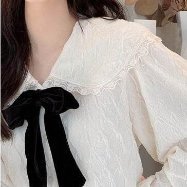 レディース ブラウス シャツ トップス トップ 長袖 ロングスリーブ パフスリーブ ホワイト リボン リボンネクタイ フリル レース 人形デザイン 襟付き おとな |  | 10