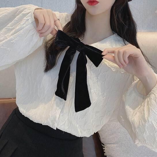 レディース ブラウス シャツ トップス トップ 長袖 ロングスリーブ パフスリーブ ホワイト リボン リボンネクタイ フリル レース 人形デザイン 襟付き おとな |  | 11