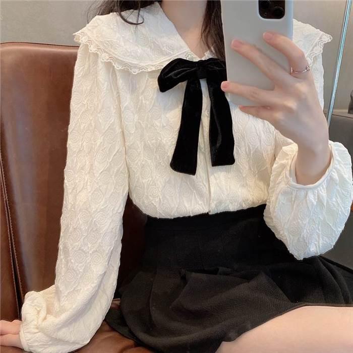 レディース ブラウス シャツ トップス トップ 長袖 ロングスリーブ パフスリーブ ホワイト リボン リボンネクタイ フリル レース 人形デザイン 襟付き おとな |  | 12