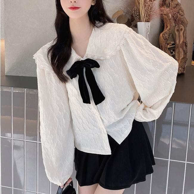 レディース ブラウス シャツ トップス トップ 長袖 ロングスリーブ パフスリーブ ホワイト リボン リボンネクタイ フリル レース 人形デザイン 襟付き おとな |  | 13