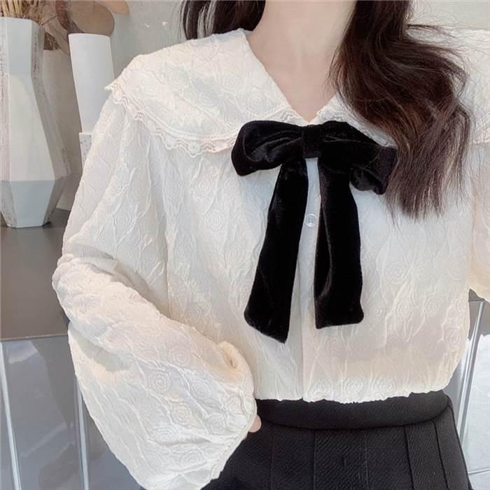 レディース ブラウス シャツ トップス トップ 長袖 ロングスリーブ パフスリーブ ホワイト リボン リボンネクタイ フリル レース 人形デザイン 襟付き おとな |  | 14