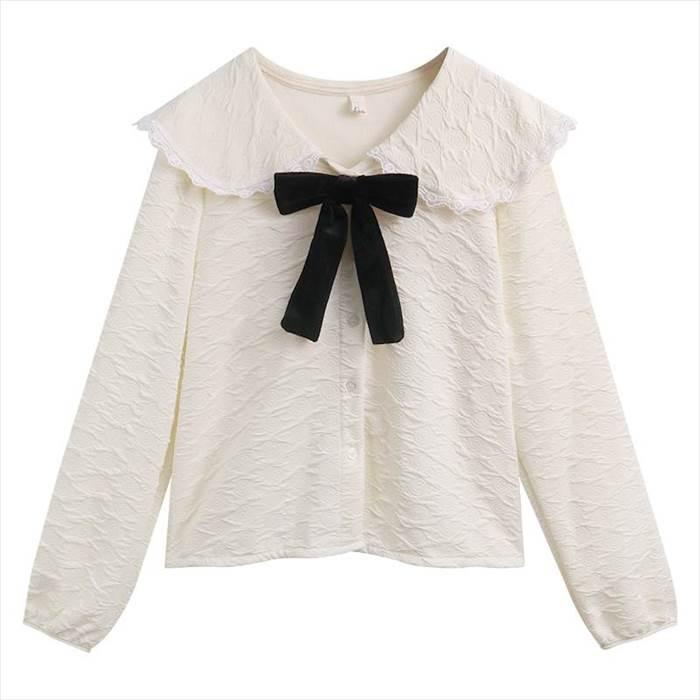 レディース ブラウス シャツ トップス トップ 長袖 ロングスリーブ パフスリーブ ホワイト リボン リボンネクタイ フリル レース 人形デザイン 襟付き おとな |  | 01