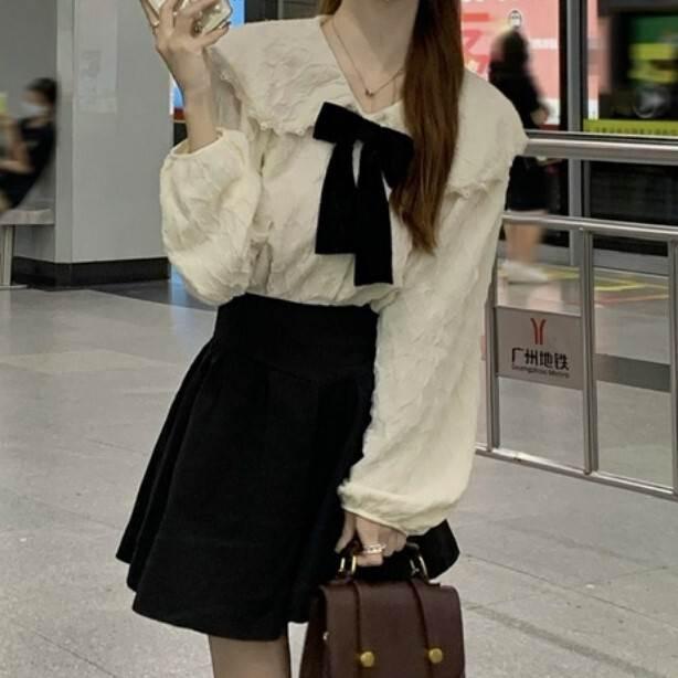 レディース ブラウス シャツ トップス トップ 長袖 ロングスリーブ パフスリーブ ホワイト リボン リボンネクタイ フリル レース 人形デザイン 襟付き おとな |  | 03