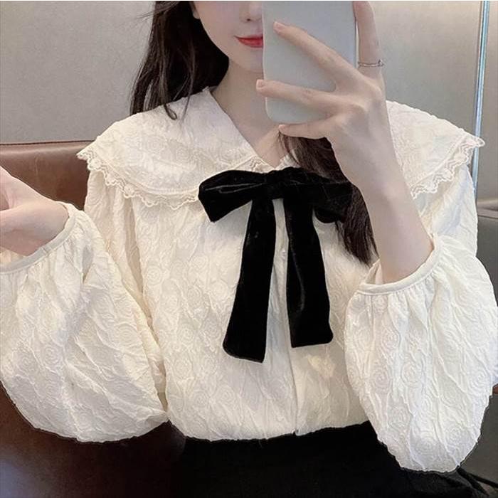 レディース ブラウス シャツ トップス トップ 長袖 ロングスリーブ パフスリーブ ホワイト リボン リボンネクタイ フリル レース 人形デザイン 襟付き おとな |  | 05