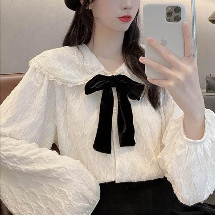 レディース ブラウス シャツ トップス トップ 長袖 ロングスリーブ パフスリーブ ホワイト リボン リボンネクタイ フリル レース 人形デザイン 襟付き おとな |  | 06