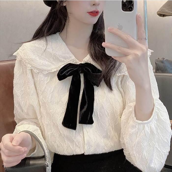 レディース ブラウス シャツ トップス トップ 長袖 ロングスリーブ パフスリーブ ホワイト リボン リボンネクタイ フリル レース 人形デザイン 襟付き おとな |  | 08