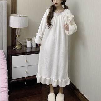 レディース パジャマ ルームウェア 部屋着 ネグリジェ お家時間 ワンサイズ 長袖 ロングスリーブ モコモコ 暖かい 秋 冬 トレンディ インポート プチプラ | 