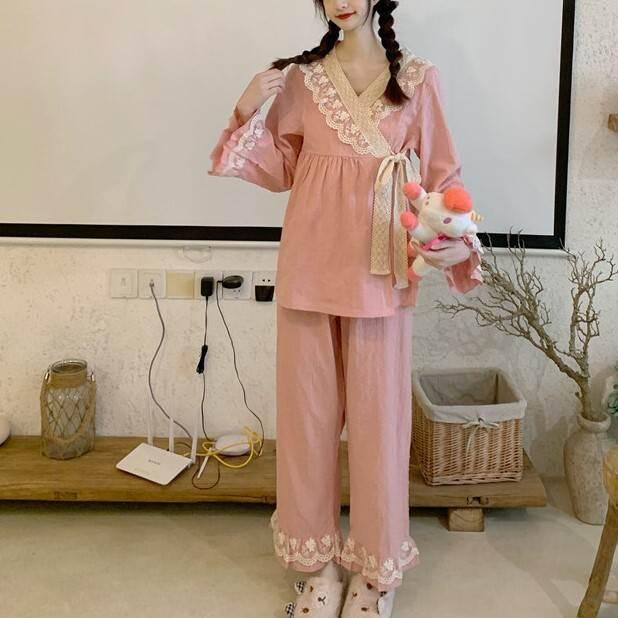 パジャマ 部屋着 上下セット セット パンツ トップス かわいい ワンサイズ 秋 冬 ライトグリーン ピンク フリル レース 長ズボン ロング 長袖 コレクション | 