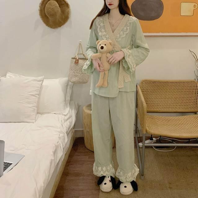 パジャマ 部屋着 上下セット セット パンツ トップス かわいい ワンサイズ 秋 冬 ライトグリーン ピンク フリル レース 長ズボン ロング 長袖 コレクション |  | 14