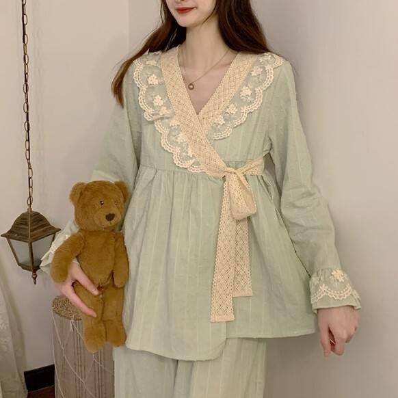 パジャマ 部屋着 上下セット セット パンツ トップス かわいい ワンサイズ 秋 冬 ライトグリーン ピンク フリル レース 長ズボン ロング 長袖 コレクション |  | 17