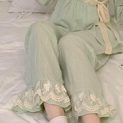 パジャマ 部屋着 上下セット セット パンツ トップス かわいい ワンサイズ 秋 冬 ライトグリーン ピンク フリル レース 長ズボン ロング 長袖 コレクション |  | 19