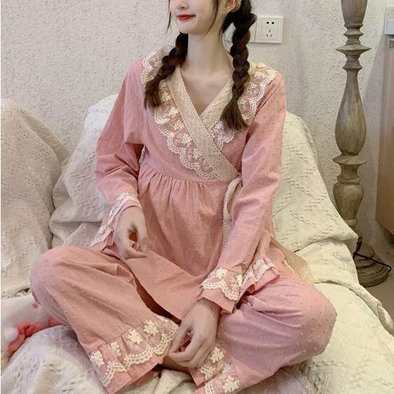 パジャマ 部屋着 上下セット セット パンツ トップス かわいい ワンサイズ 秋 冬 ライトグリーン ピンク フリル レース 長ズボン ロング 長袖 コレクション |  | 02