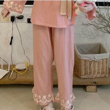 パジャマ 部屋着 上下セット セット パンツ トップス かわいい ワンサイズ 秋 冬 ライトグリーン ピンク フリル レース 長ズボン ロング 長袖 コレクション |  | 07