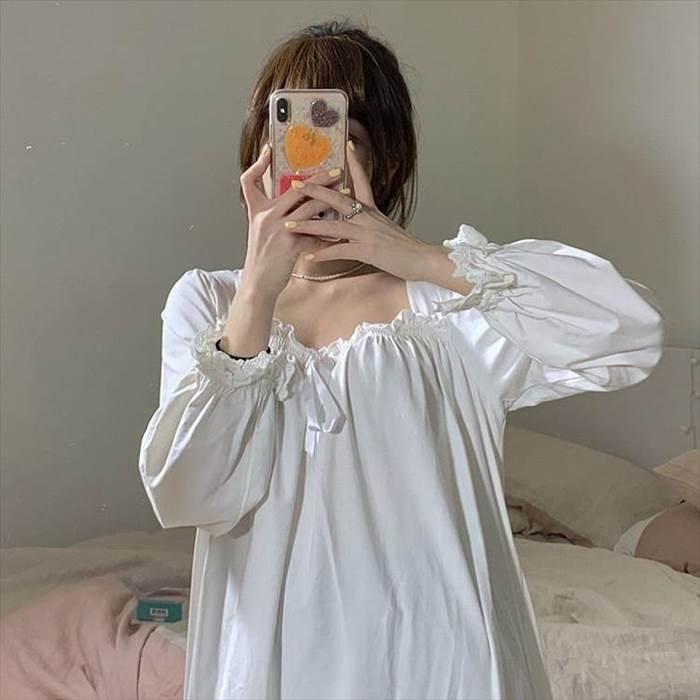 ルームウェア レディース ネグリジェ 部屋着 寝巻き ナイトウェア ロングスカート ロング丈 ロング 袖あり 長袖  襟なし スクエアネック デコルテ ストレート |  | 10