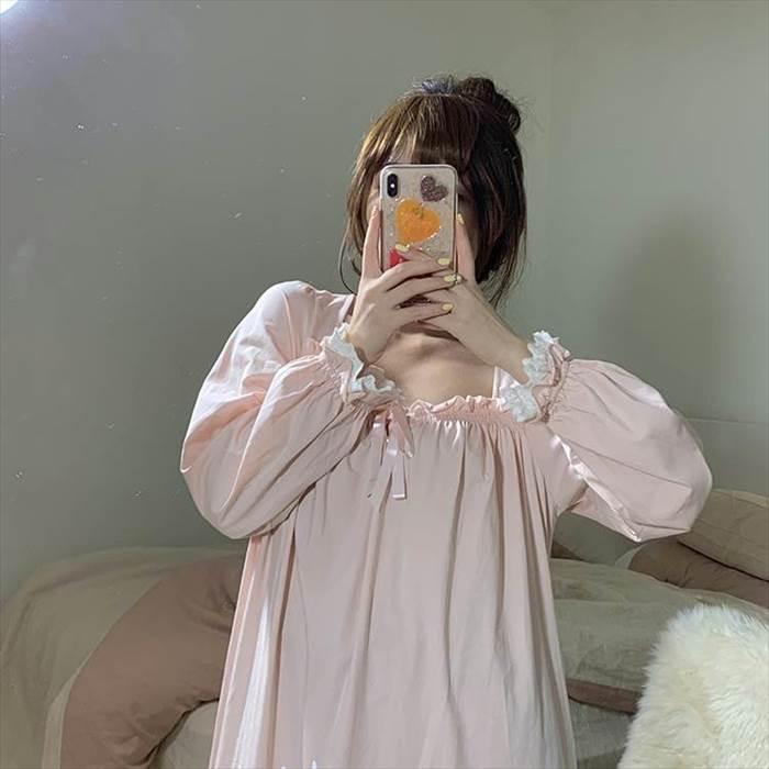 ルームウェア レディース ネグリジェ 部屋着 寝巻き ナイトウェア ロングスカート ロング丈 ロング 袖あり 長袖  襟なし スクエアネック デコルテ ストレート |  | 04